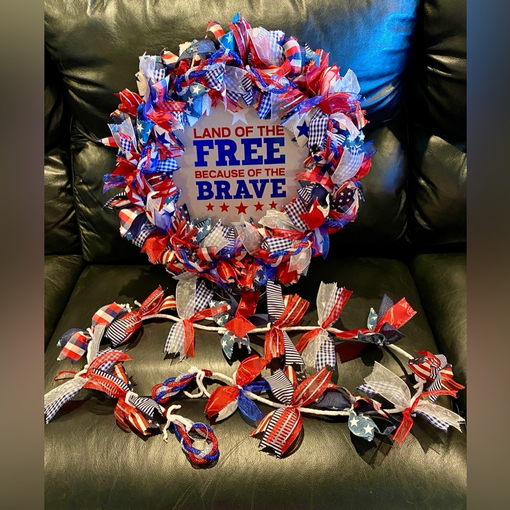 Handcrafted Red, White, & Blue Ribbon Wreath & Garland